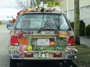 car decorated with shoes and purses